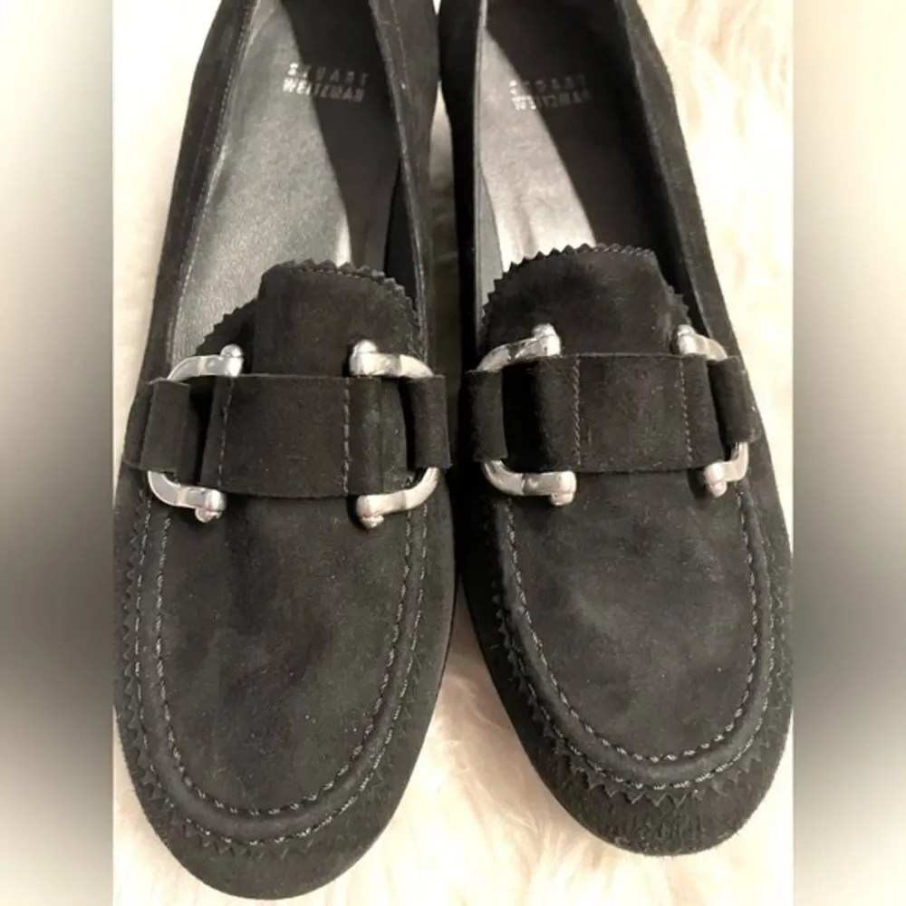 NEW Stuart Weitzman Black Suede Wedge Loafers Sz 10